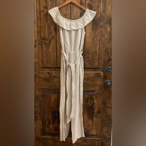 Linen Jumpsuit Tan and White Off Shoulder Ruffle Size XS  Universal Thread